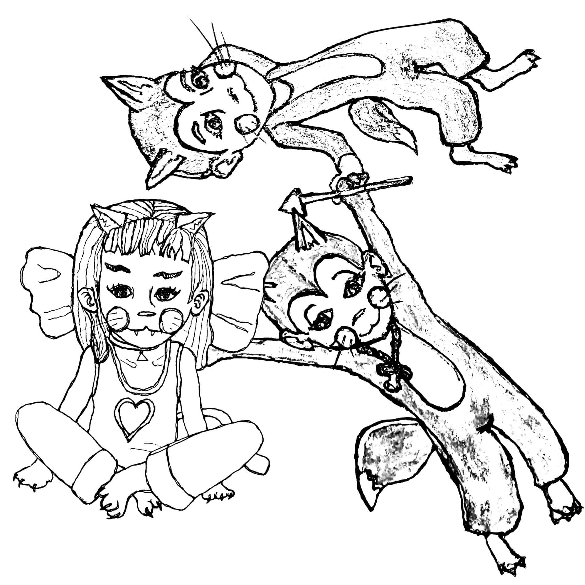 drawing of two cute little fox boys and one cute little kitten girl